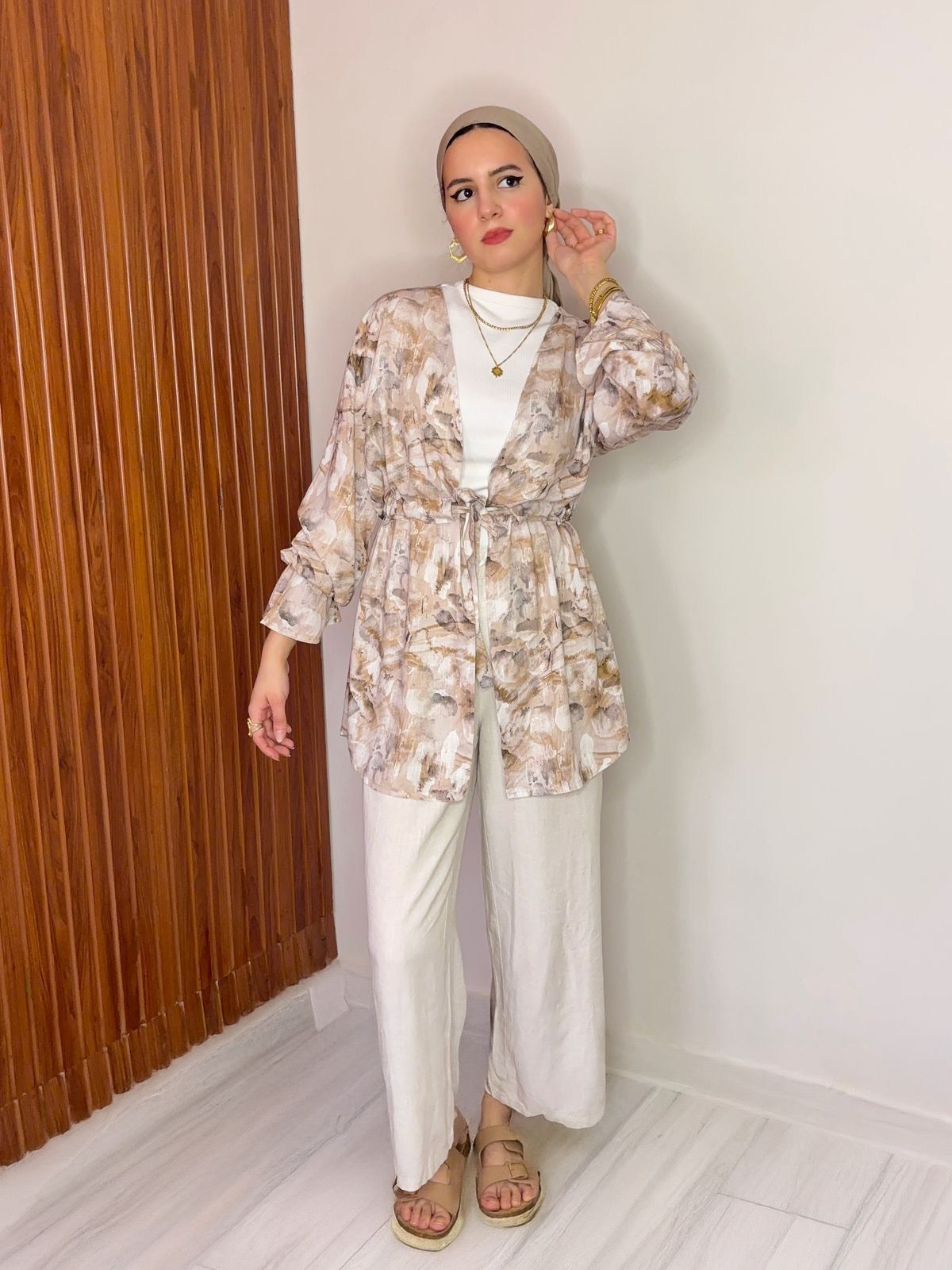 White Floral Printed Kimono Blouse with Drawstring Waist