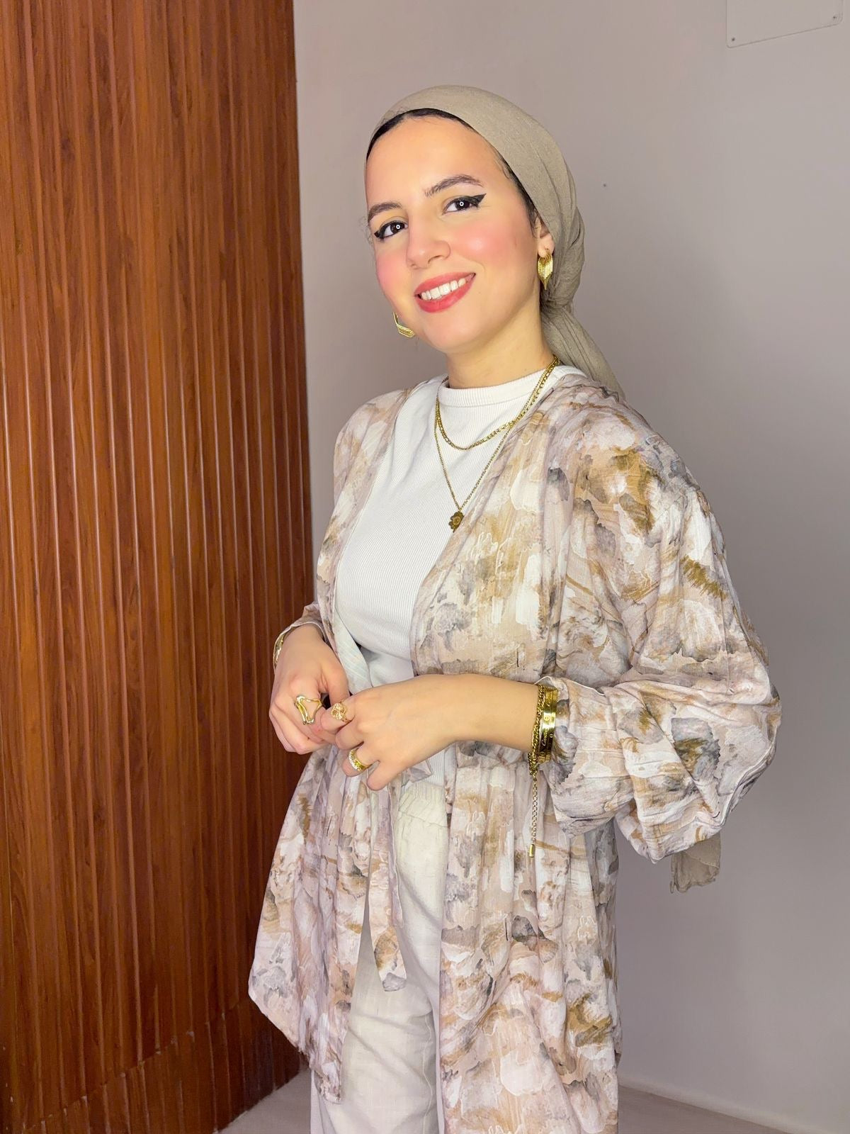 White Floral Printed Kimono Blouse with Drawstring Waist