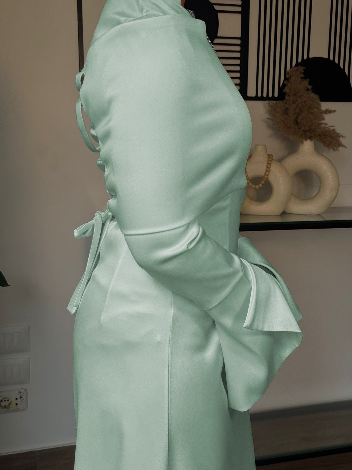 “The Serenity Gown – mint green Satin Modest Maxi Dress”