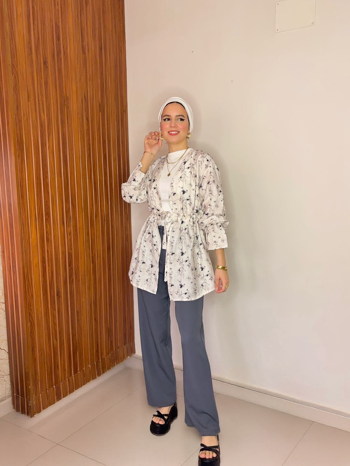 Beige Abstract Printed Kimono Blouse with Waist Tie