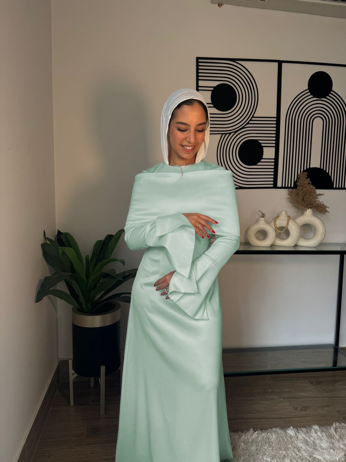 “The Serenity Gown – mint green Satin Modest Maxi Dress”