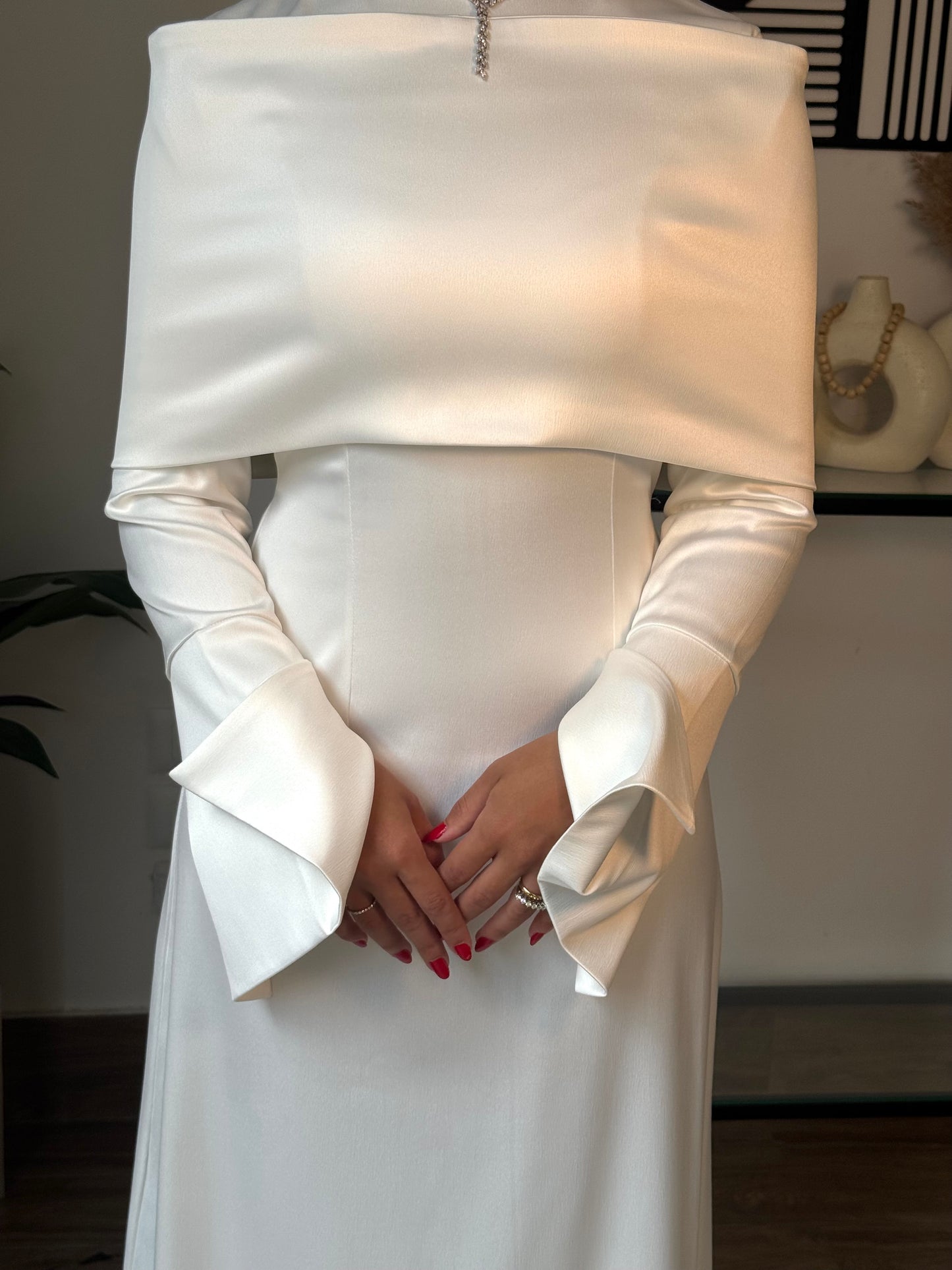 “The Serenity Gown – White Satin Modest Maxi Dress”