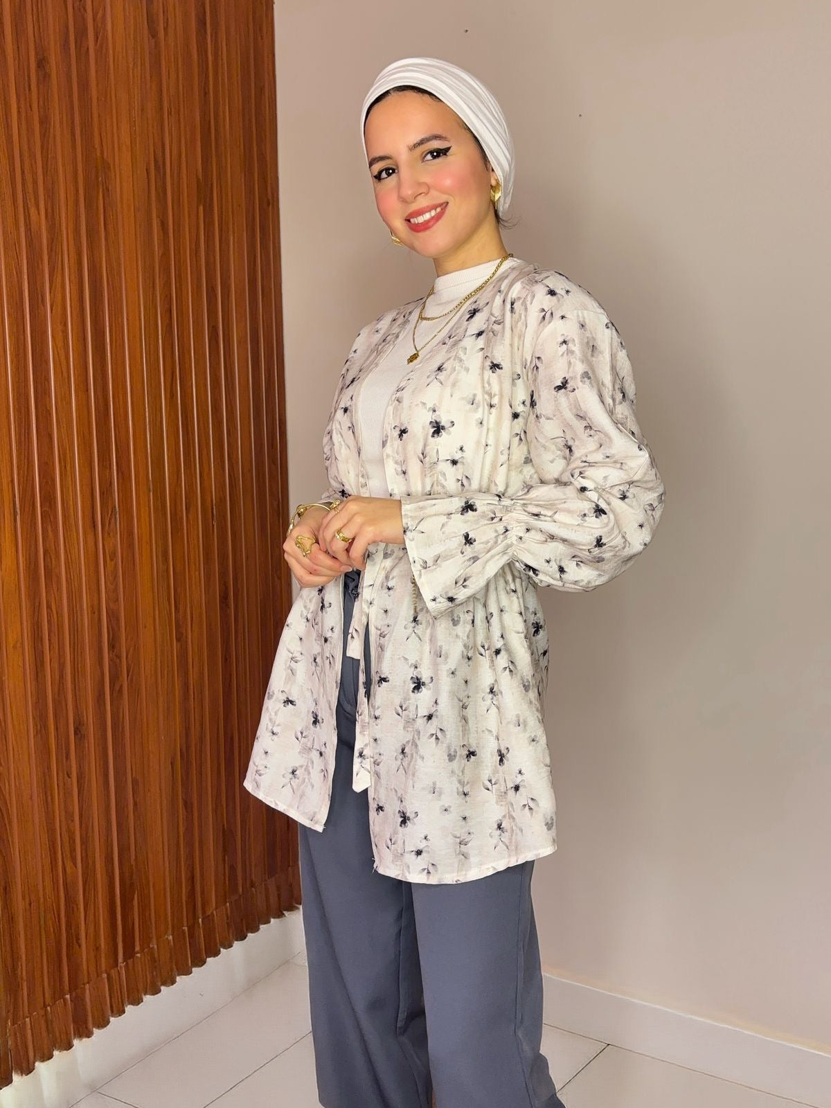 Beige Abstract Printed Kimono Blouse with Waist Tie