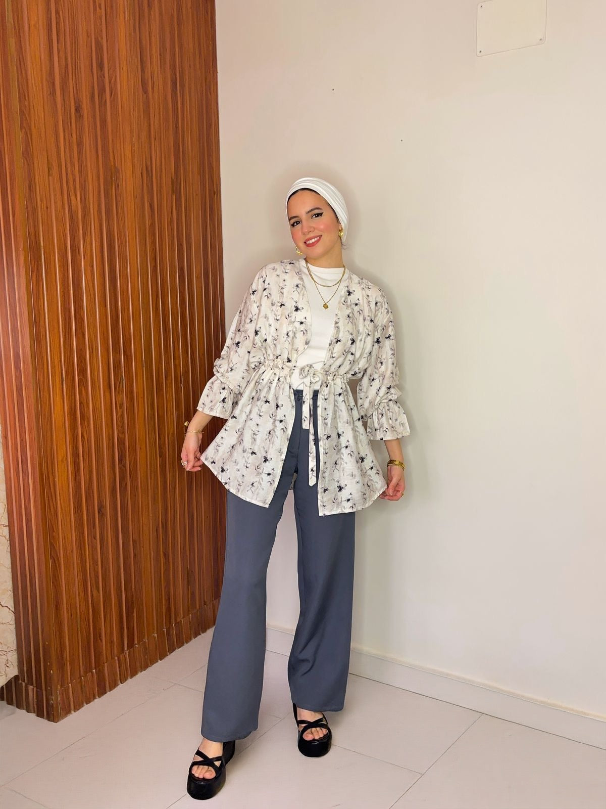 Beige Abstract Printed Kimono Blouse with Waist Tie
