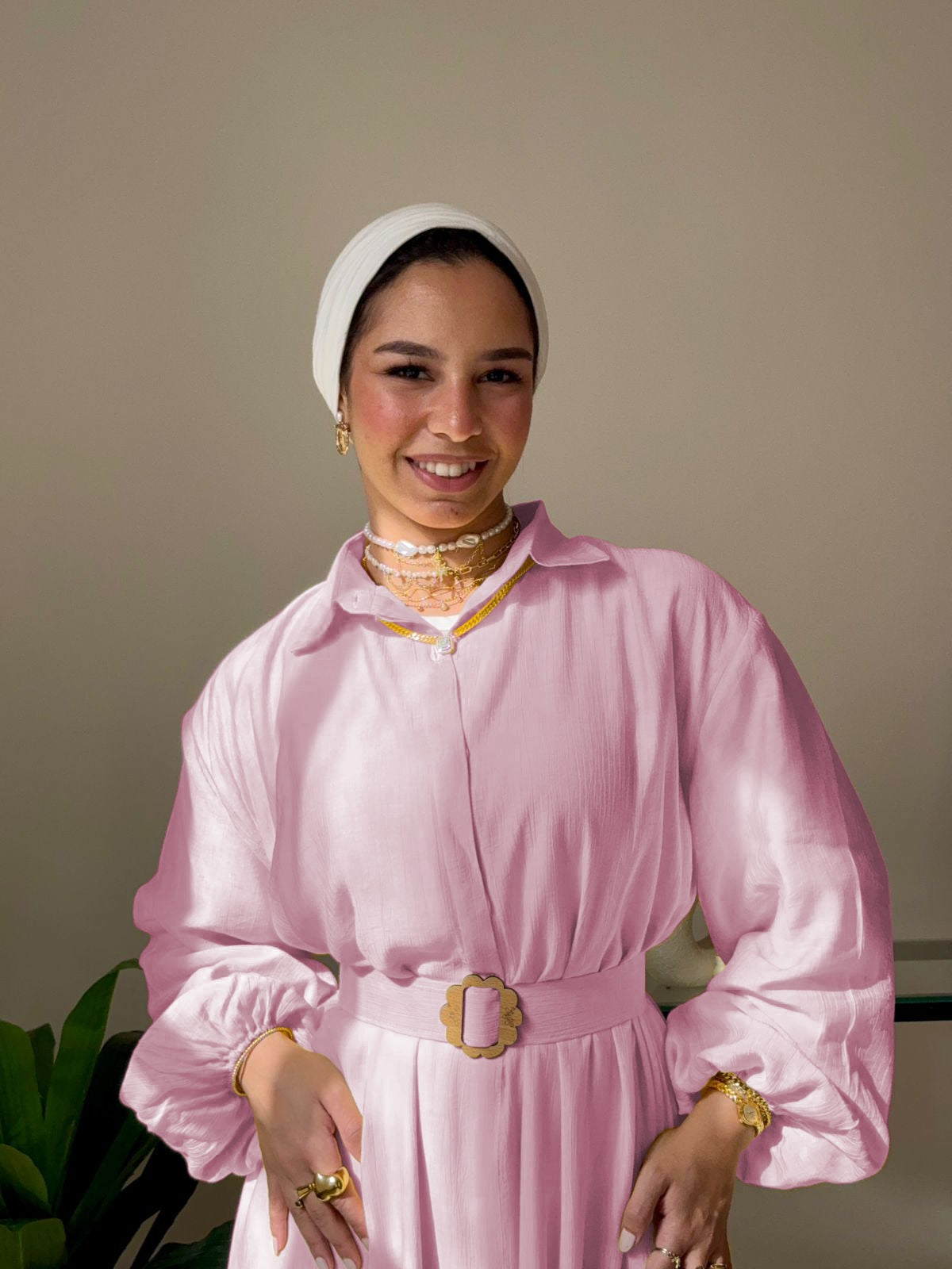 “Soft Pink Over Size Belted Maxi Dress”