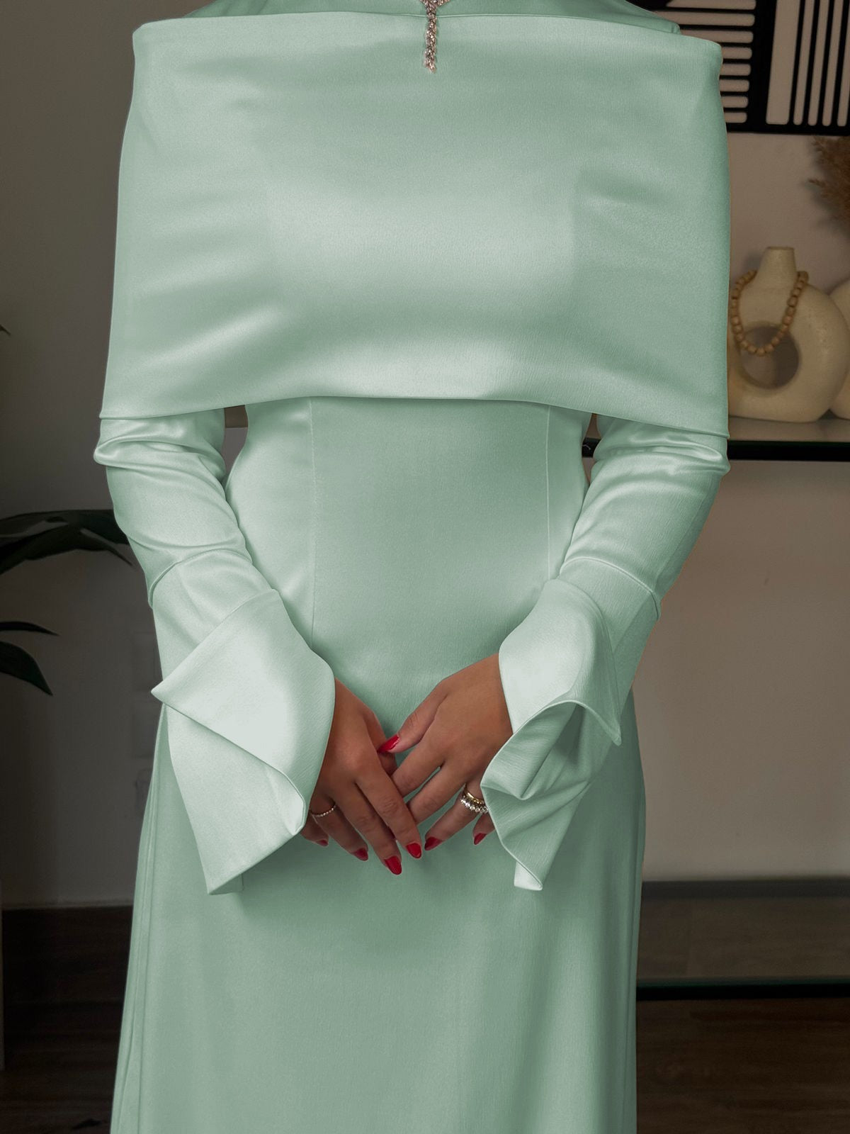 “The Serenity Gown – mint green Satin Modest Maxi Dress”