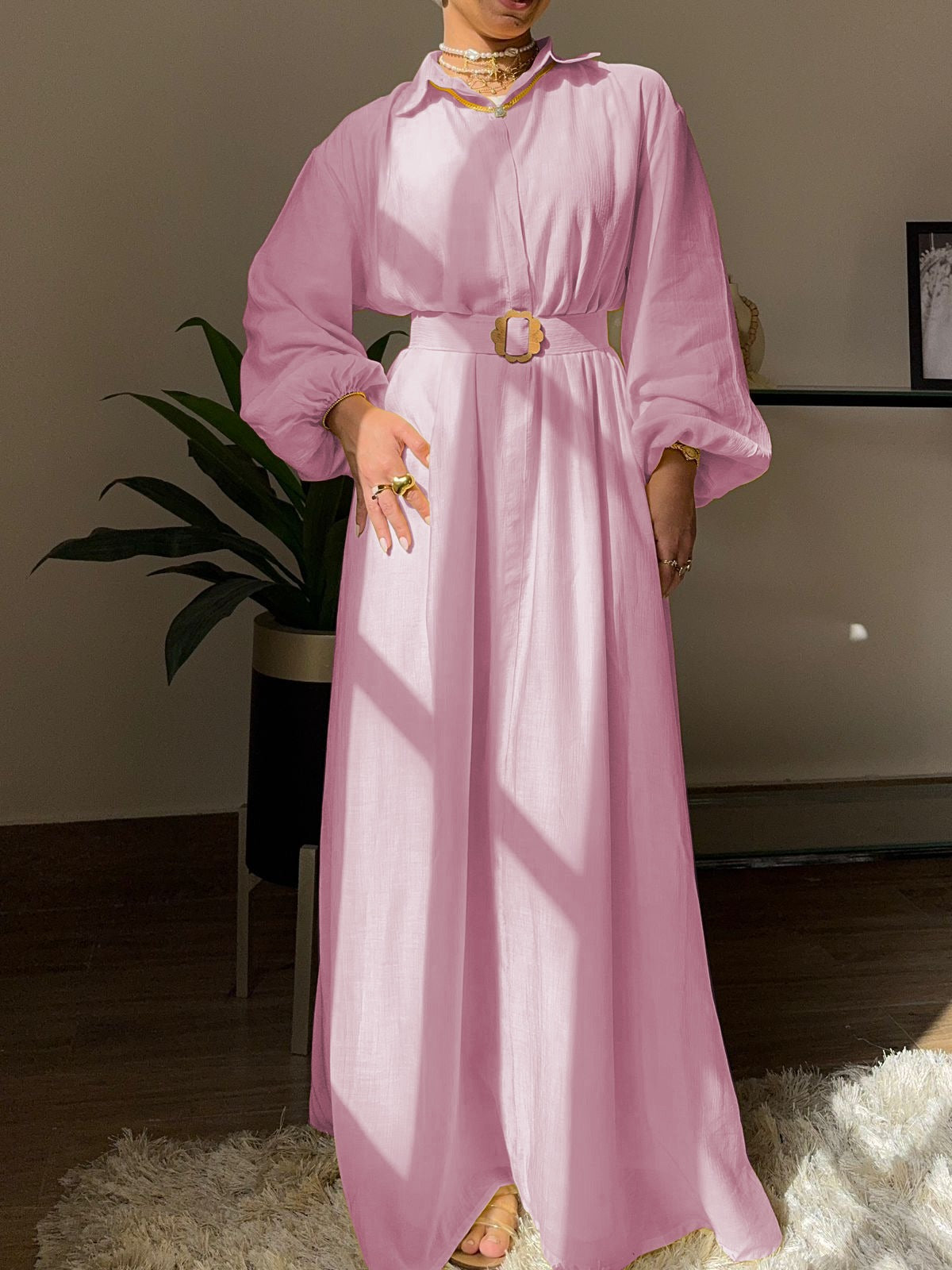 “Soft Pink Over Size Belted Maxi Dress”