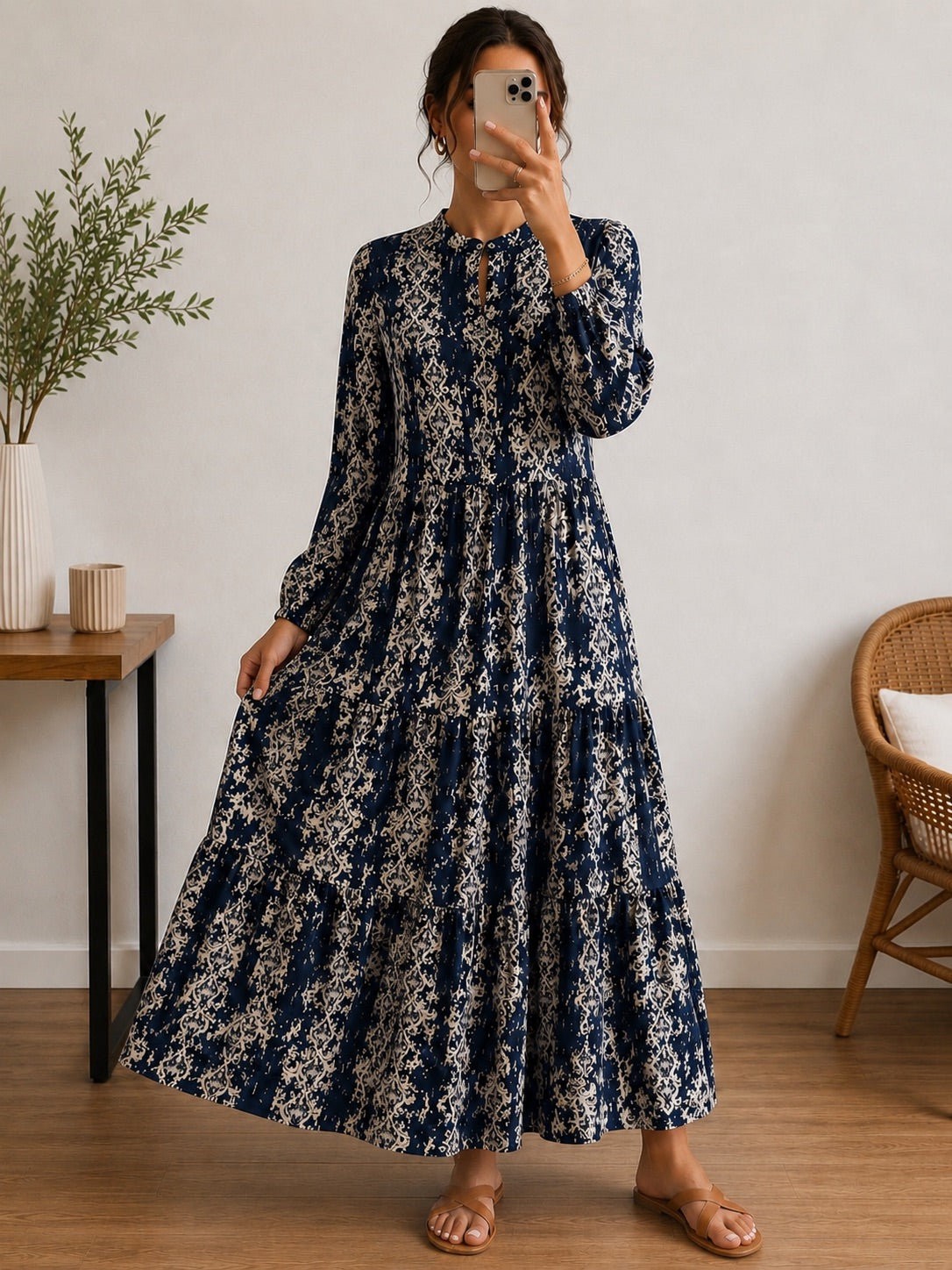 Black Printed Tiered Maxi Dress