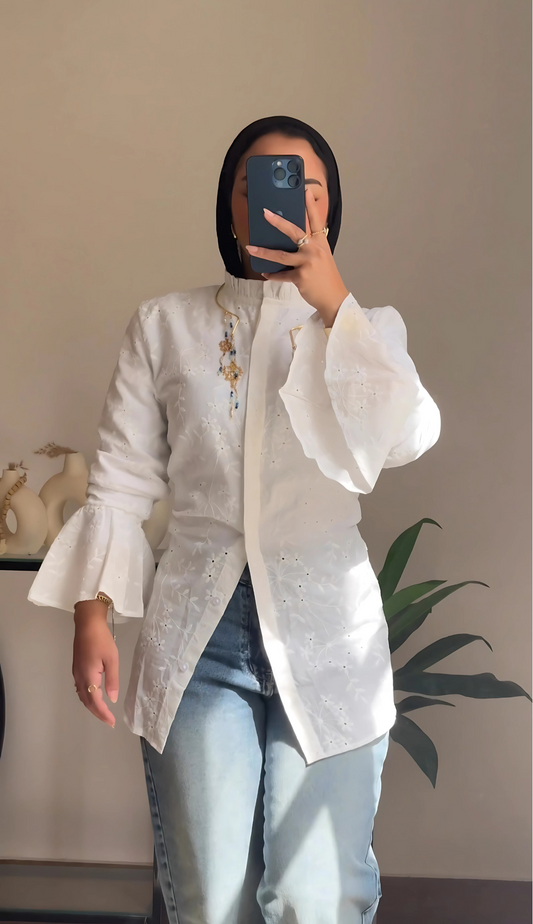 “White Embroidered Flared Sleeve Tunic Blouse”