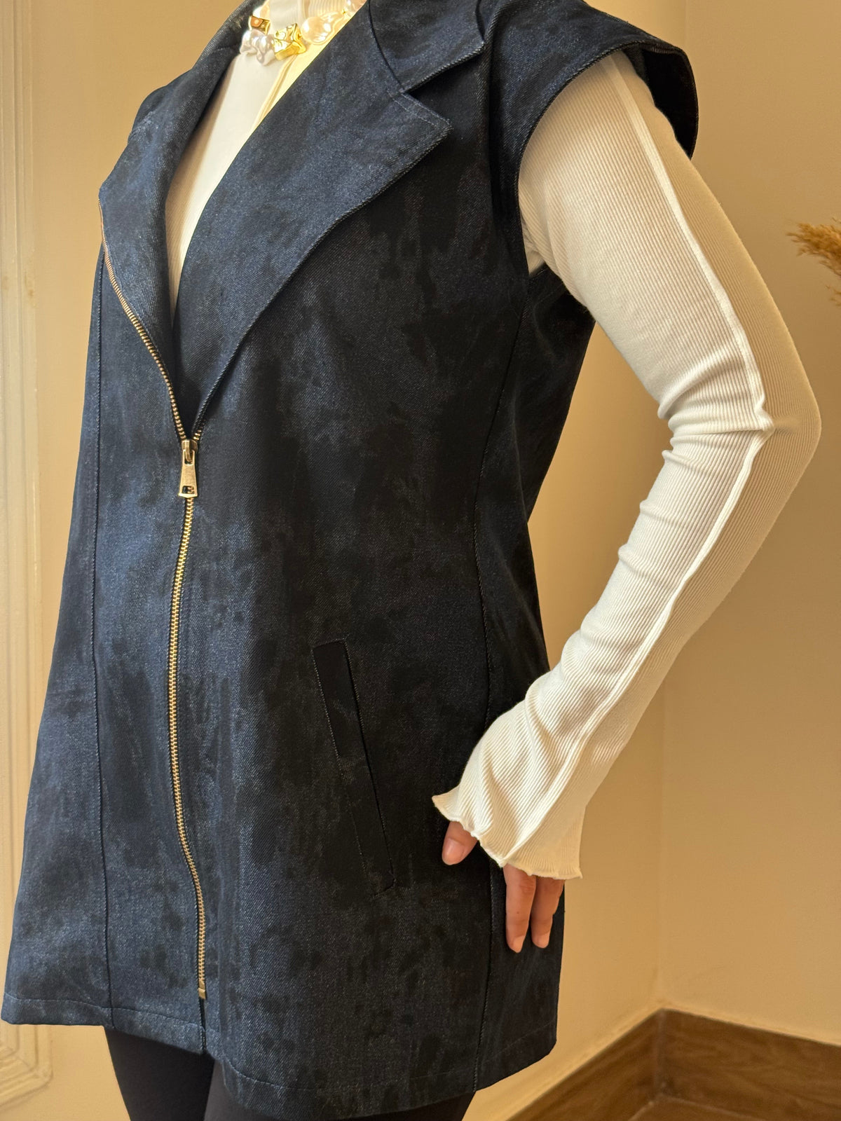 Denim Zip Vest with Waist Belt