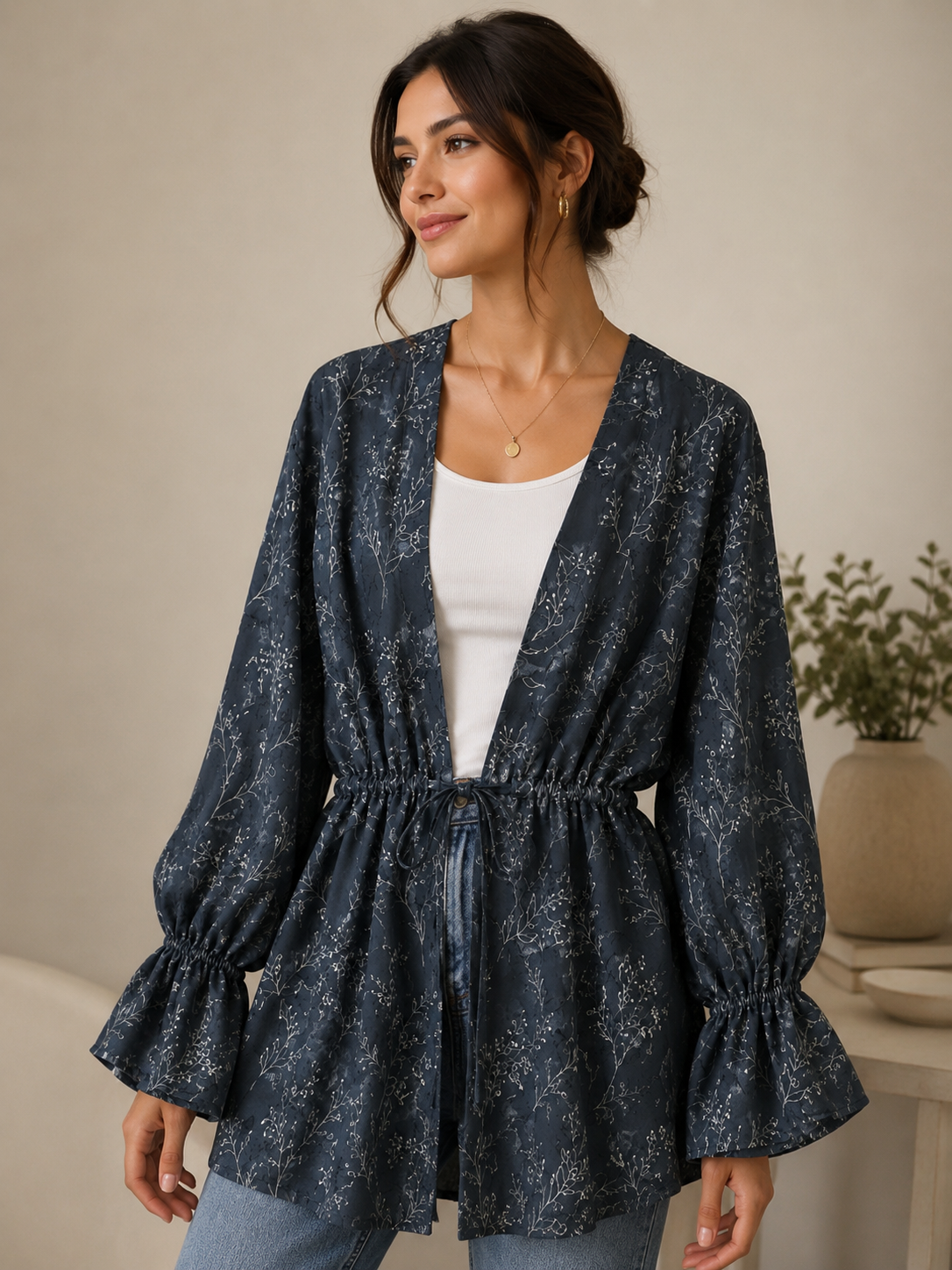 Black Floral Drawstring Kimono (Linen Crepe fabric )