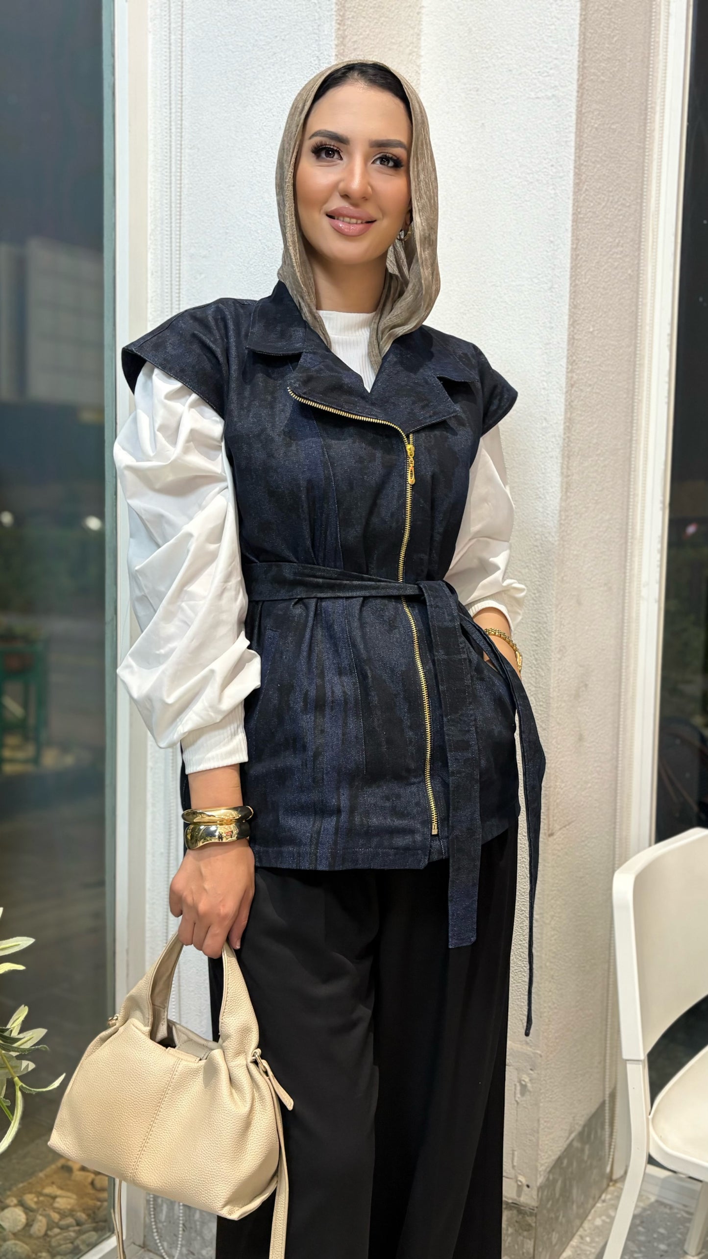 Denim Zip Vest with Waist Belt