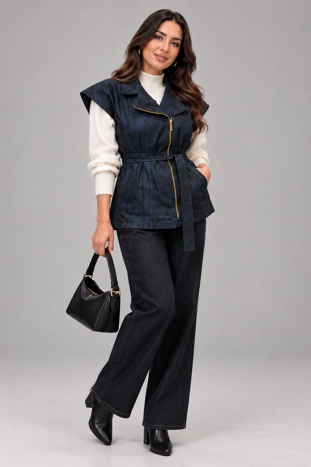 Denim Zip Vest with Waist Belt
