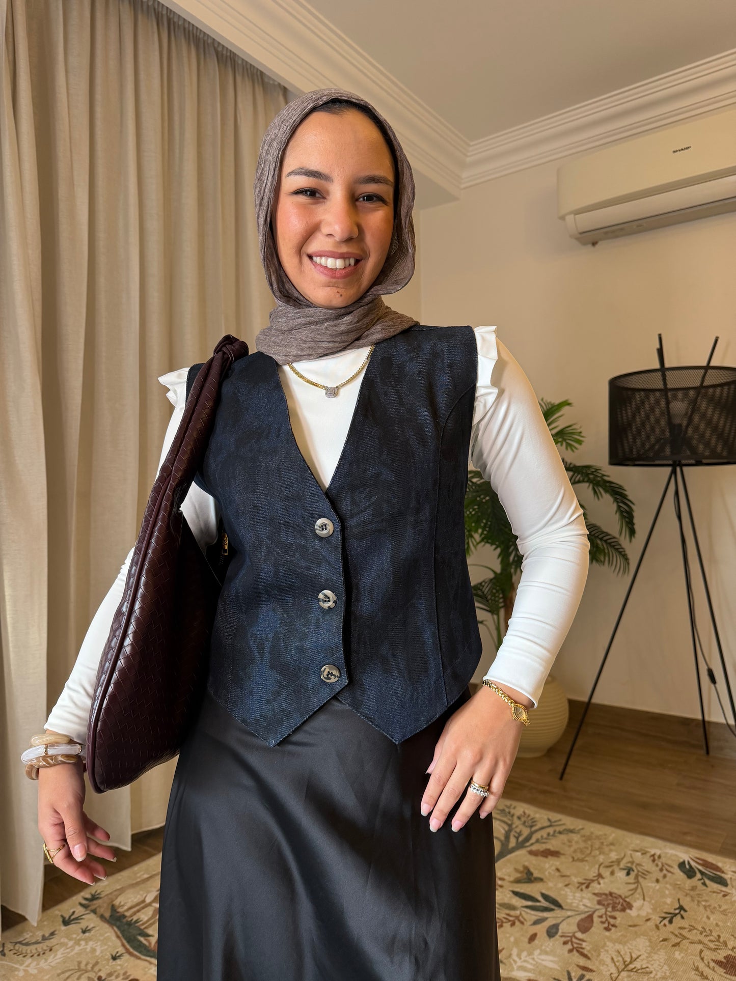 Midnight Satin Skirt & Denim Vest