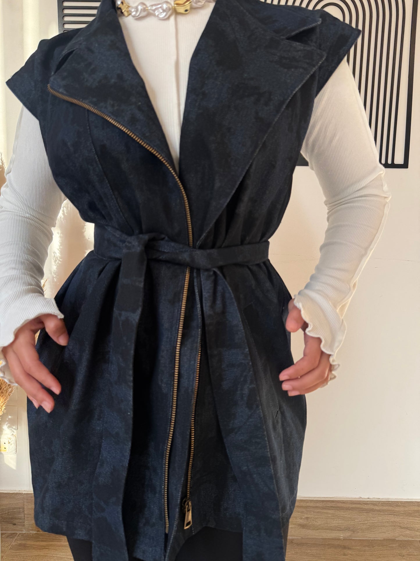 Denim Zip Vest with Waist Belt