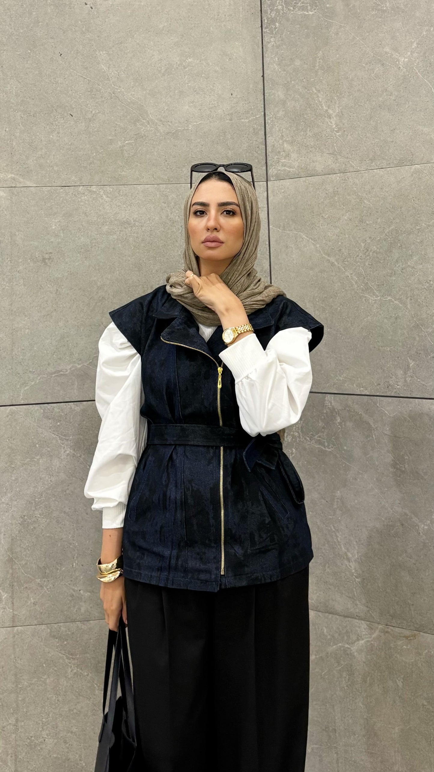 Denim Zip Vest with Waist Belt