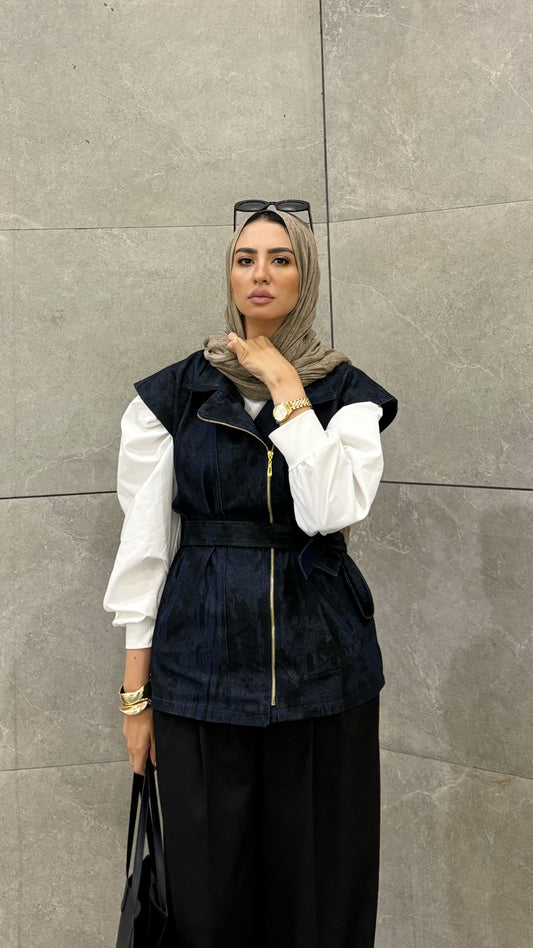 Denim Zip Vest with Waist Belt