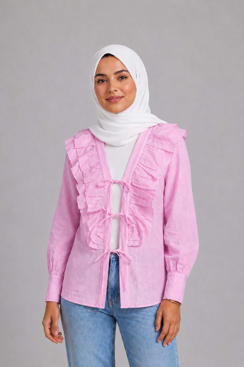 Soft Pink Ruffle Tie-Front Blouse