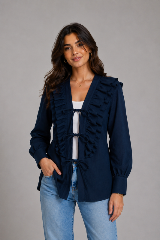 Navy blue Ruffle Tie-Front Blouse