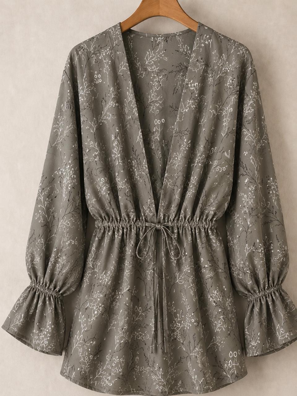 Mocha Floral Drawstring Kimono (Linen Crepe fabric)