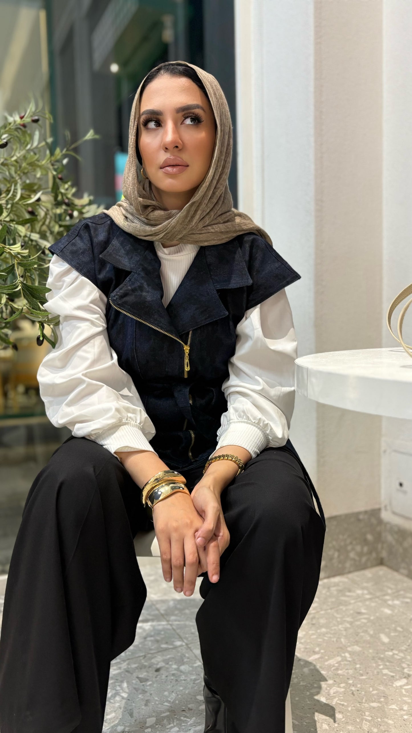 Denim Zip Vest with Waist Belt