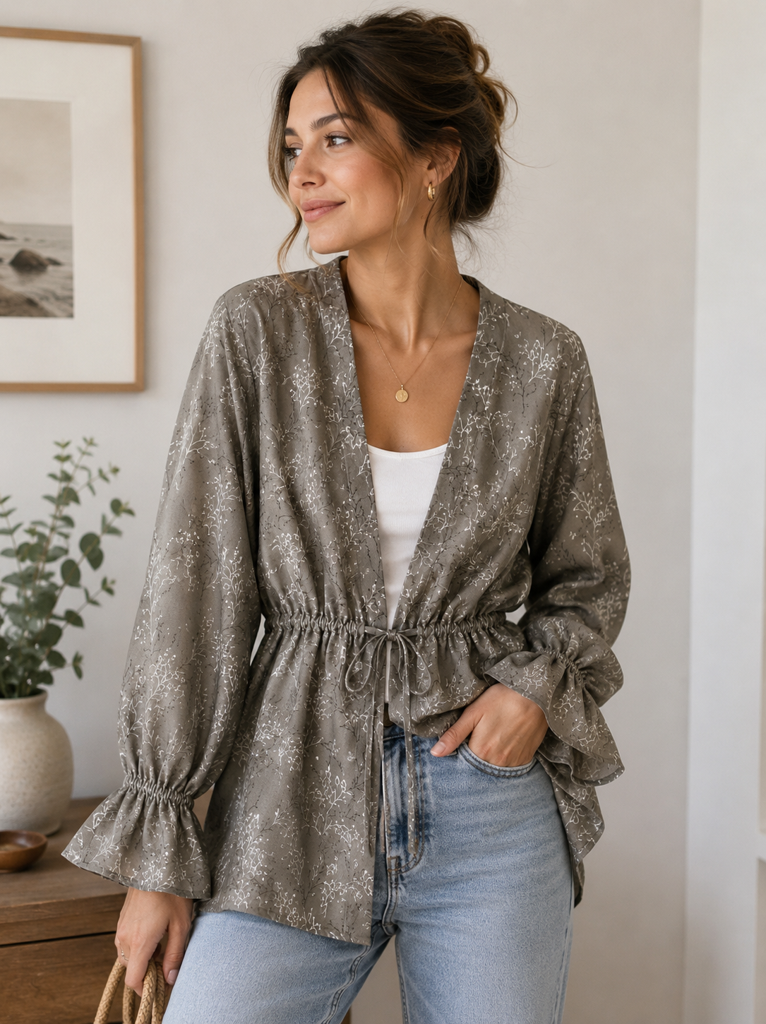 Mocha Floral Drawstring Kimono (Linen Crepe fabric)
