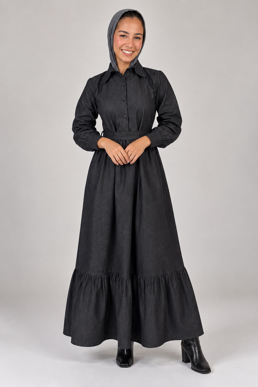 Chic Black Denim Button-Down Winter Dress