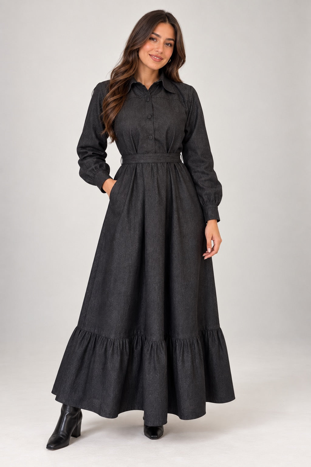 Chic Black Denim Button-Down Winter Dress