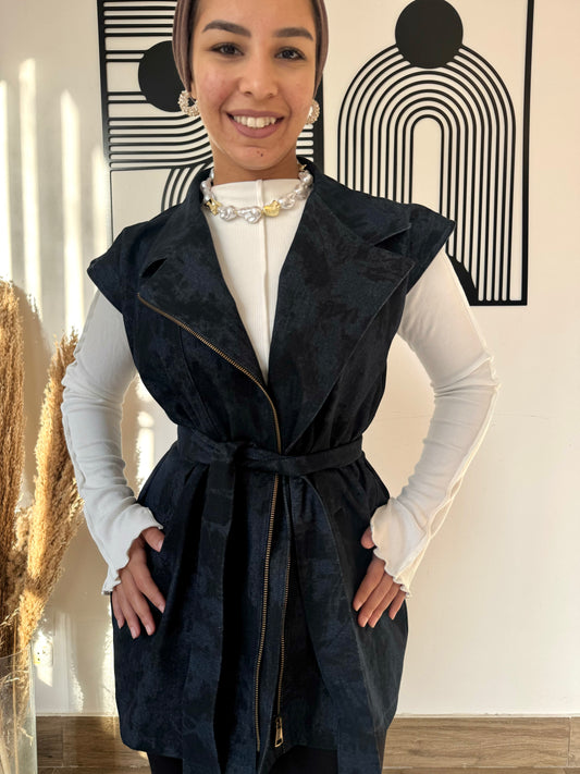 Denim Zip Vest with Waist Belt