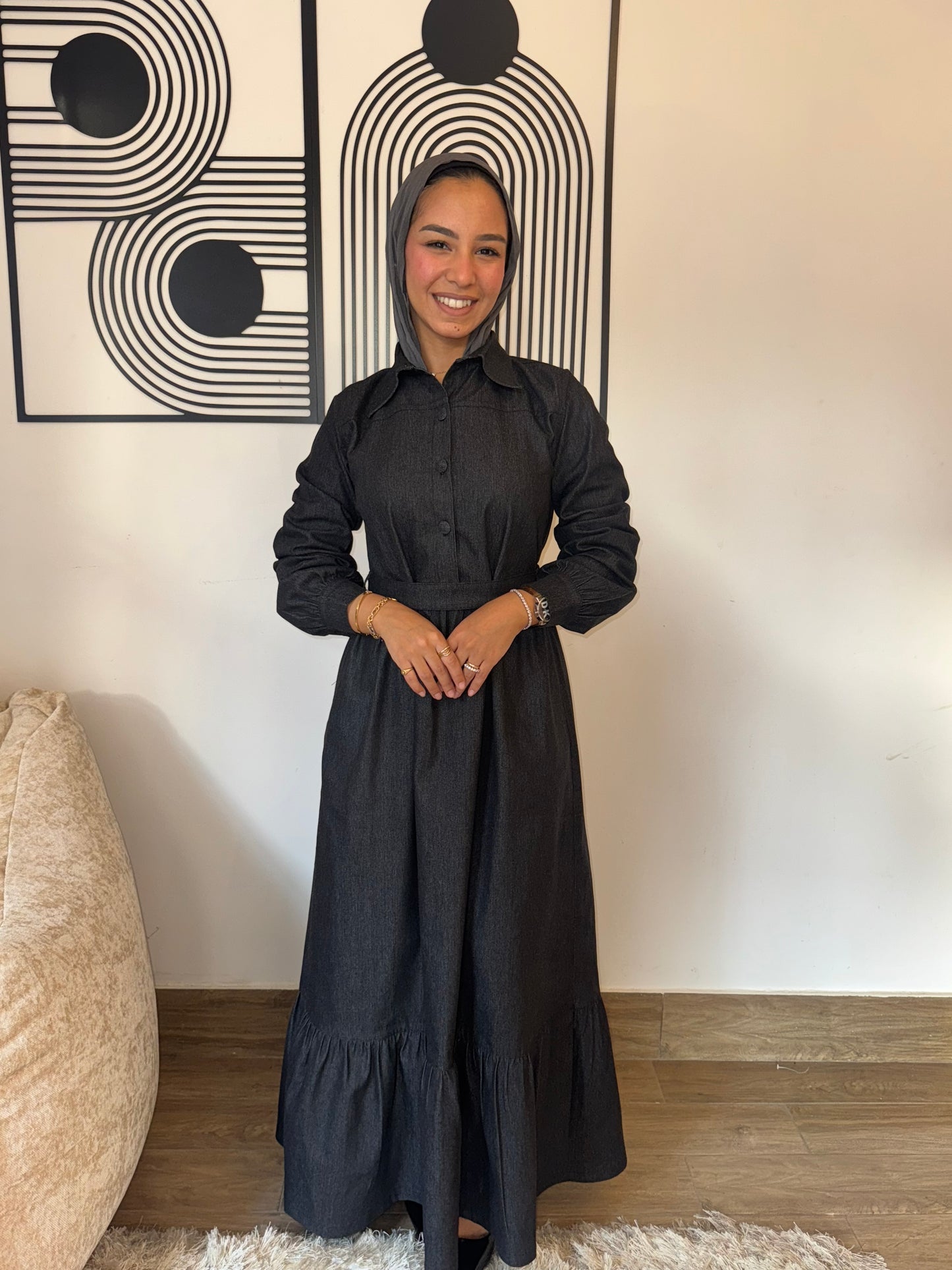 Chic Black Denim Button-Down Winter Dress