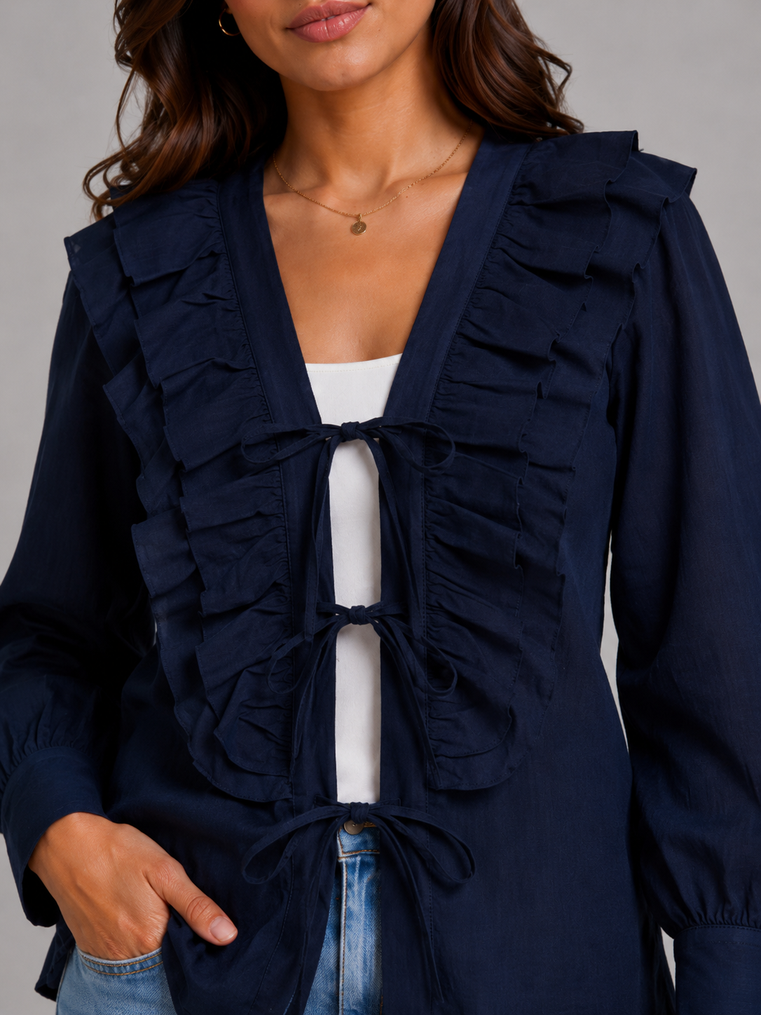 Navy blue Ruffle Tie-Front Blouse