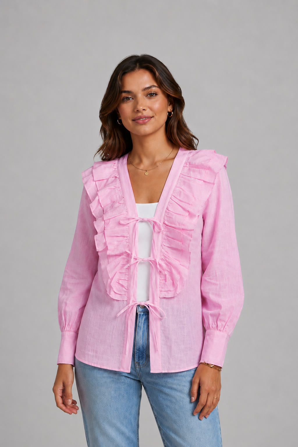 Soft Pink Ruffle Tie-Front Blouse