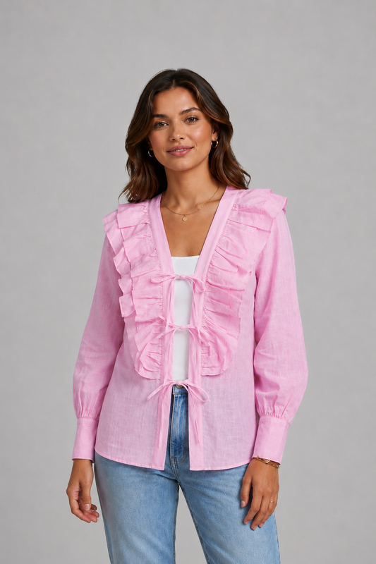 Soft Pink Ruffle Tie-Front Blouse