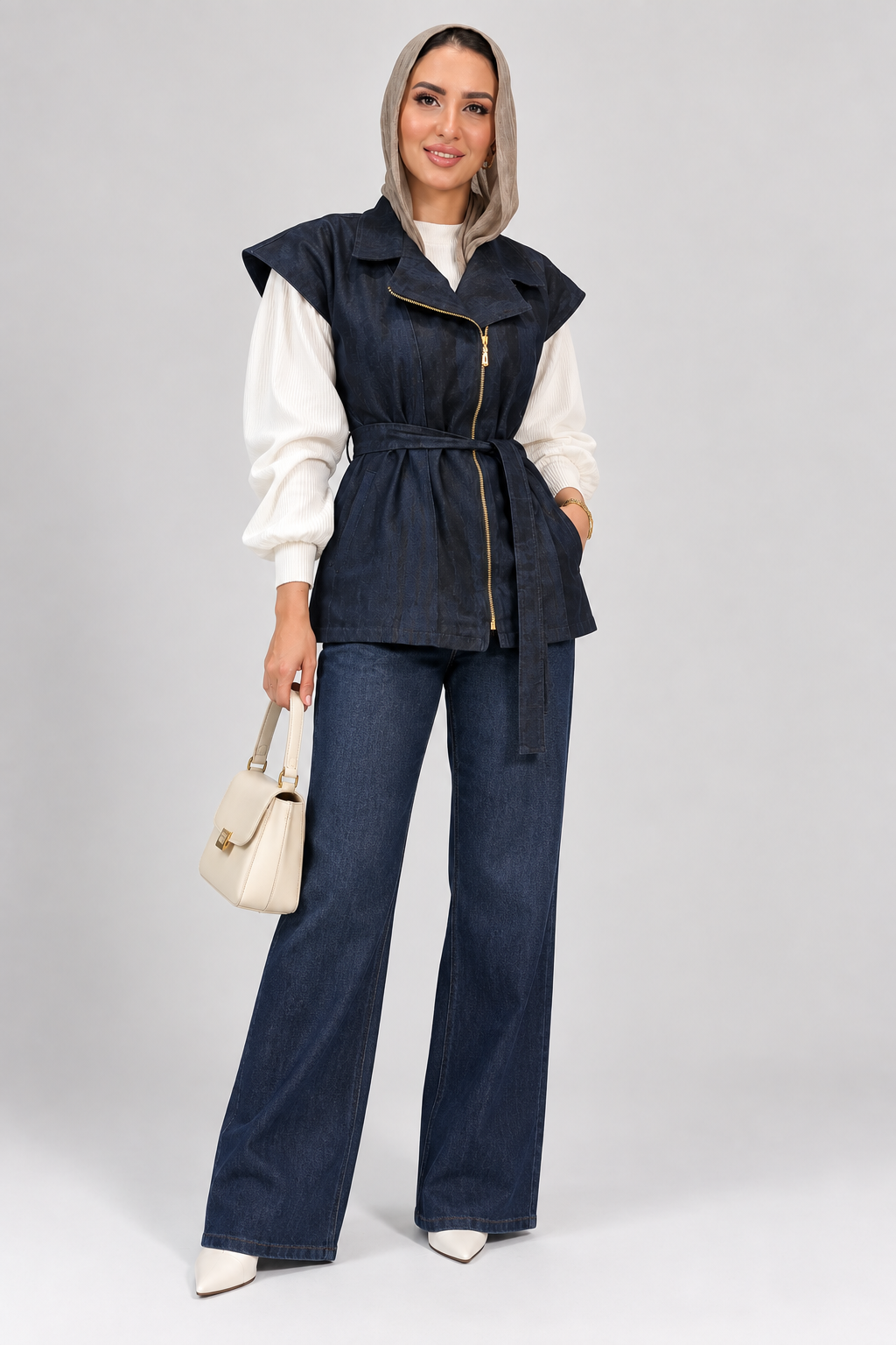 Denim Zip Vest with Waist Belt