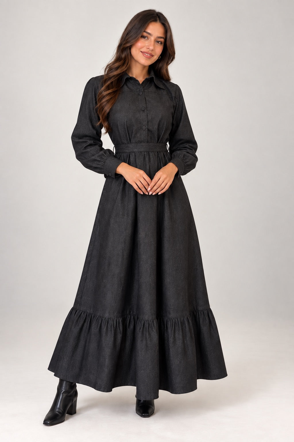 Chic Black Denim Button-Down Winter Dress