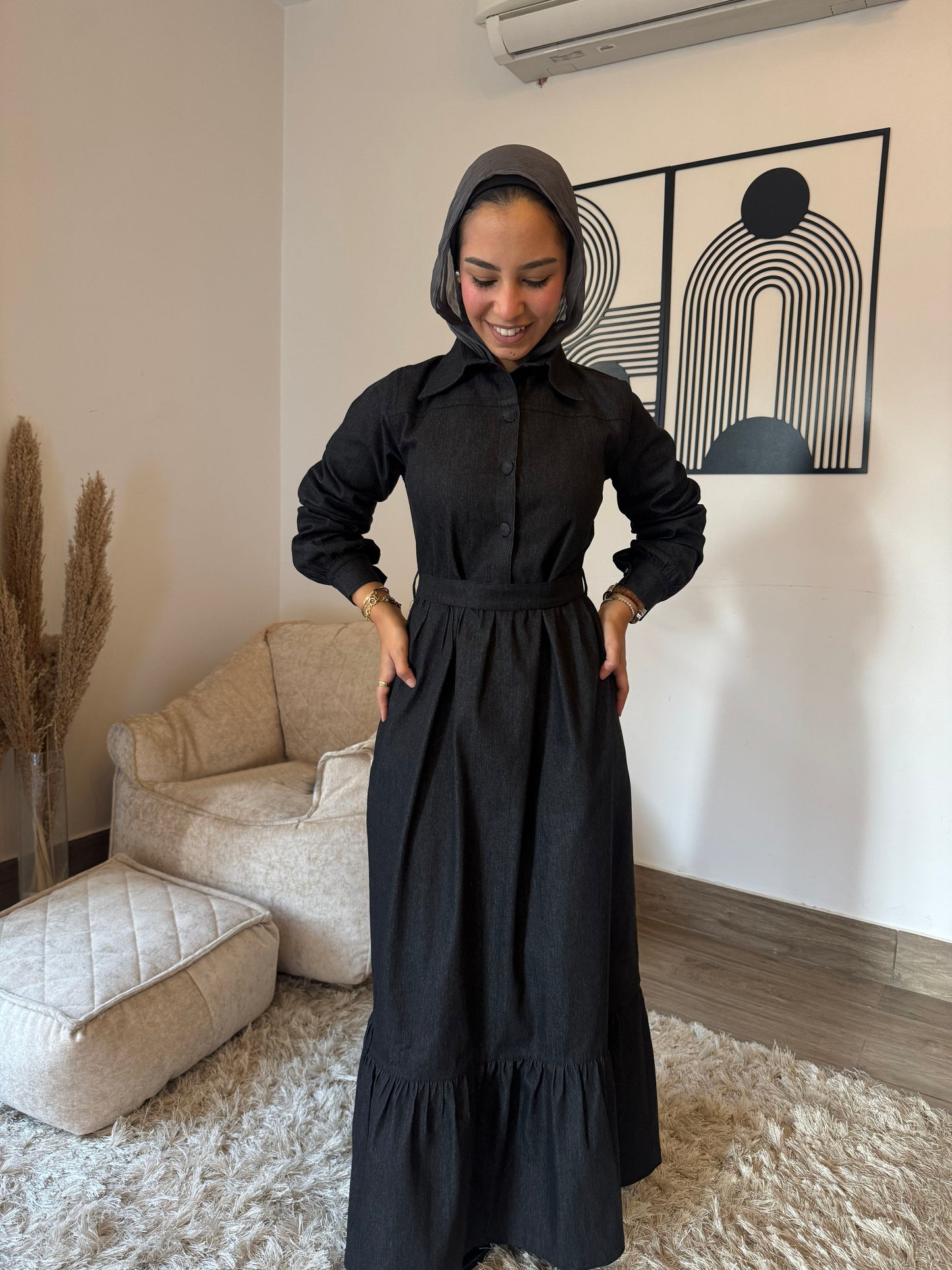 Chic Black Denim Button-Down Winter Dress