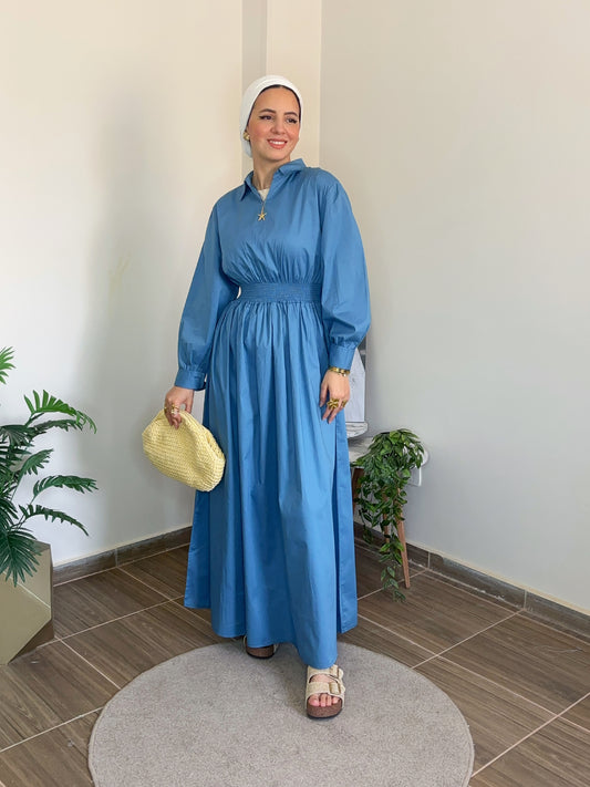 Loose Fit Modest Maxi Dress in Steel Blue