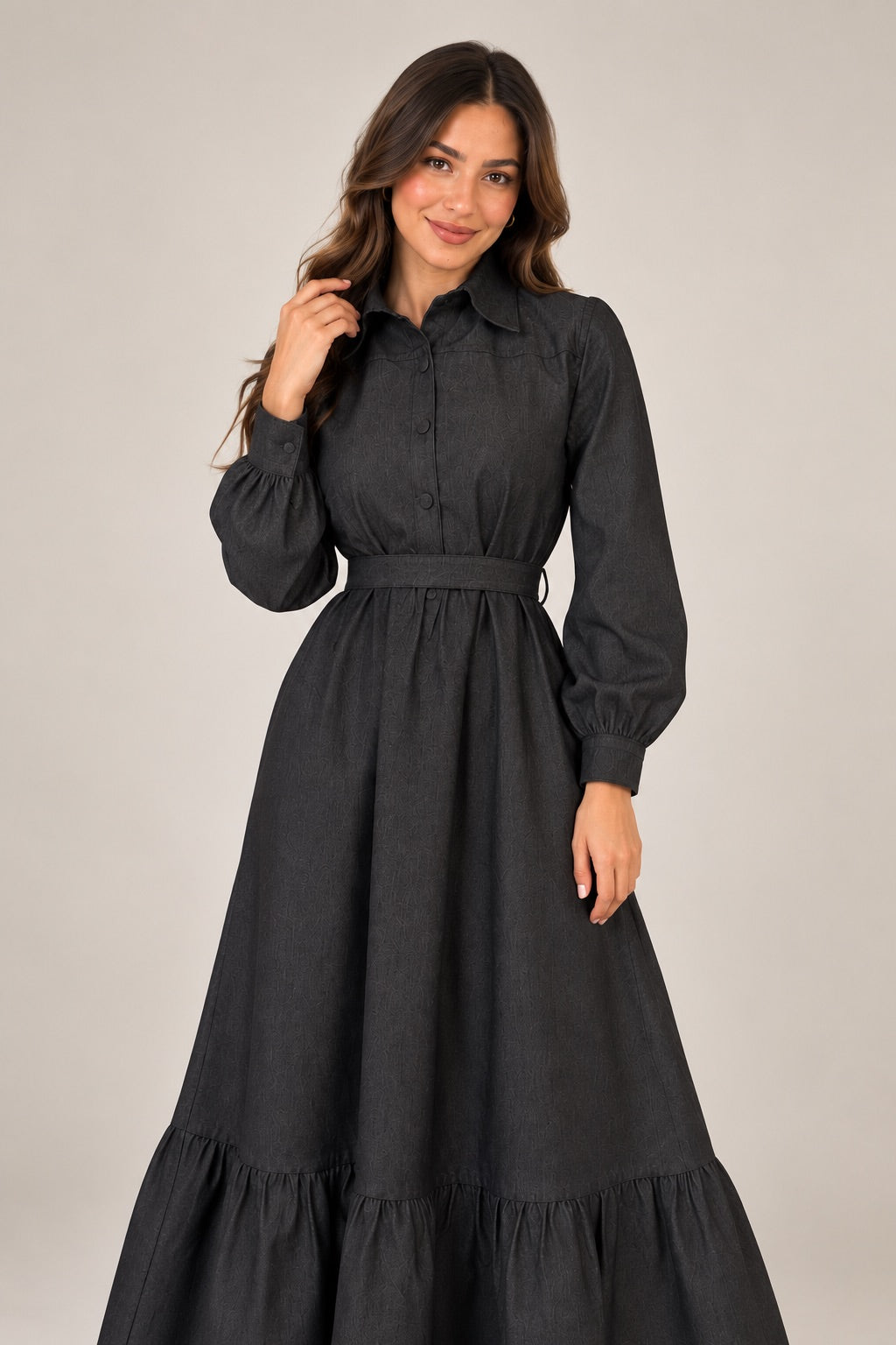 Chic Black Denim Button-Down Winter Dress