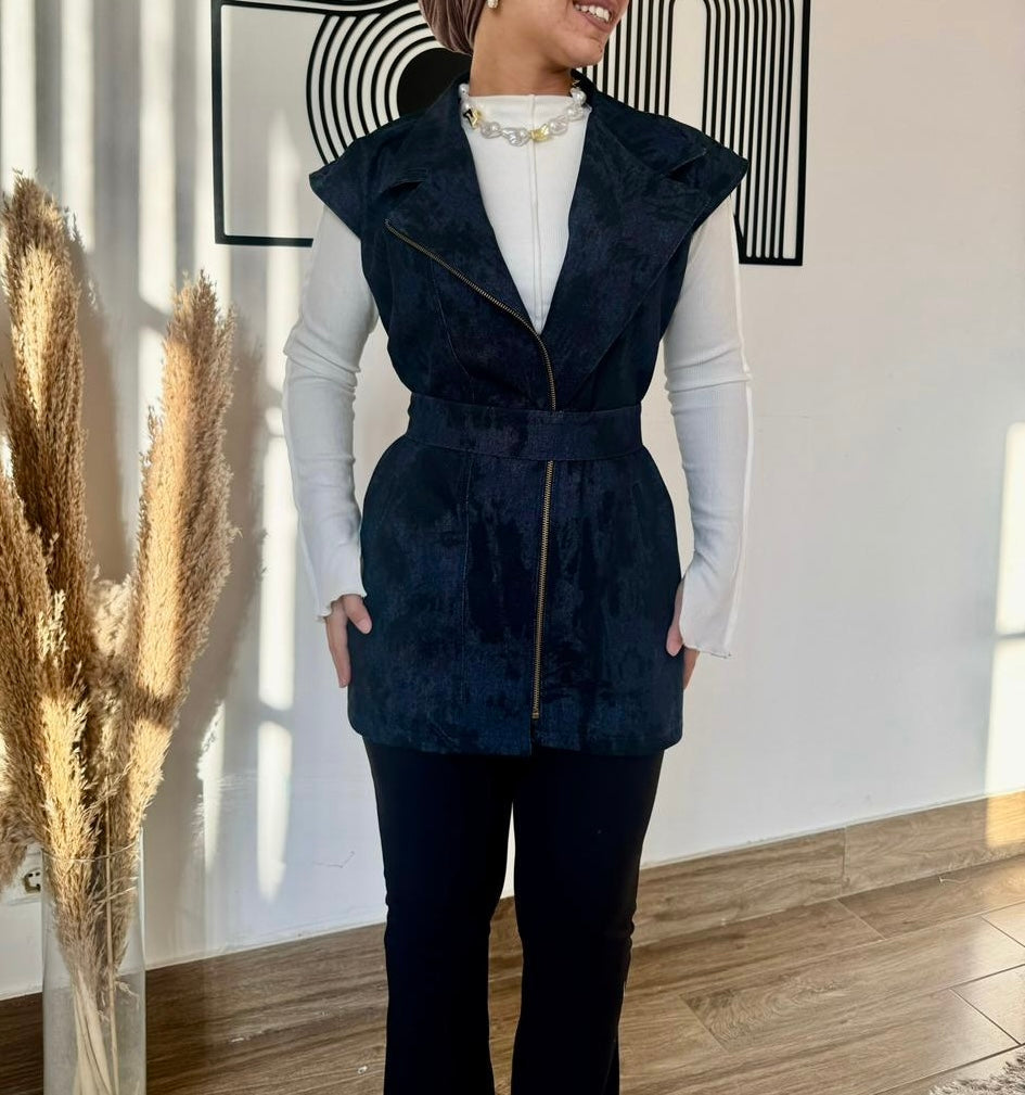 Denim Zip Vest with Waist Belt