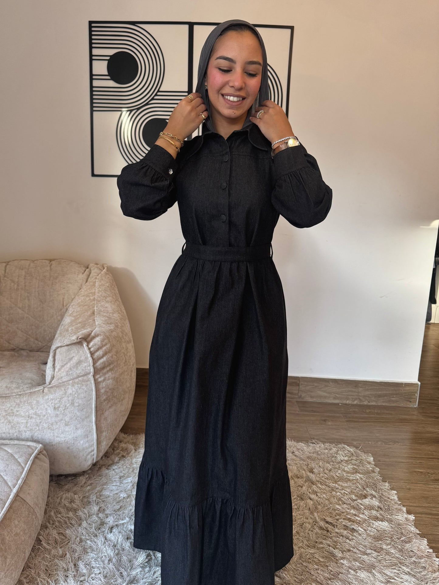 Chic Black Denim Button-Down Winter Dress