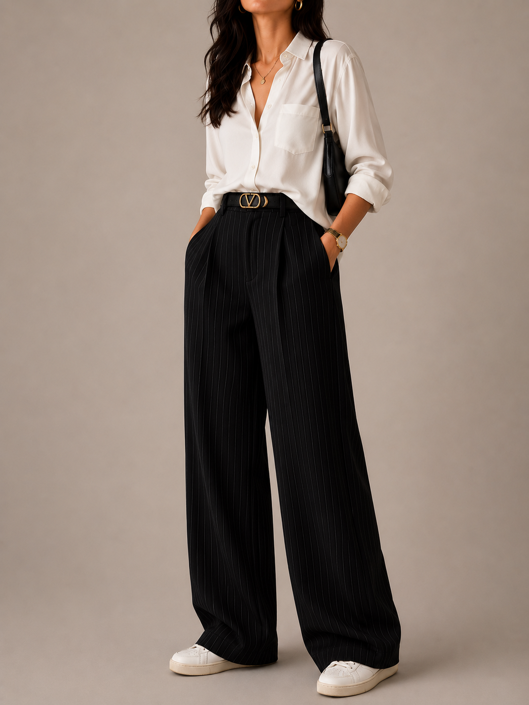 Black Pinstripe Wide-Leg Pants