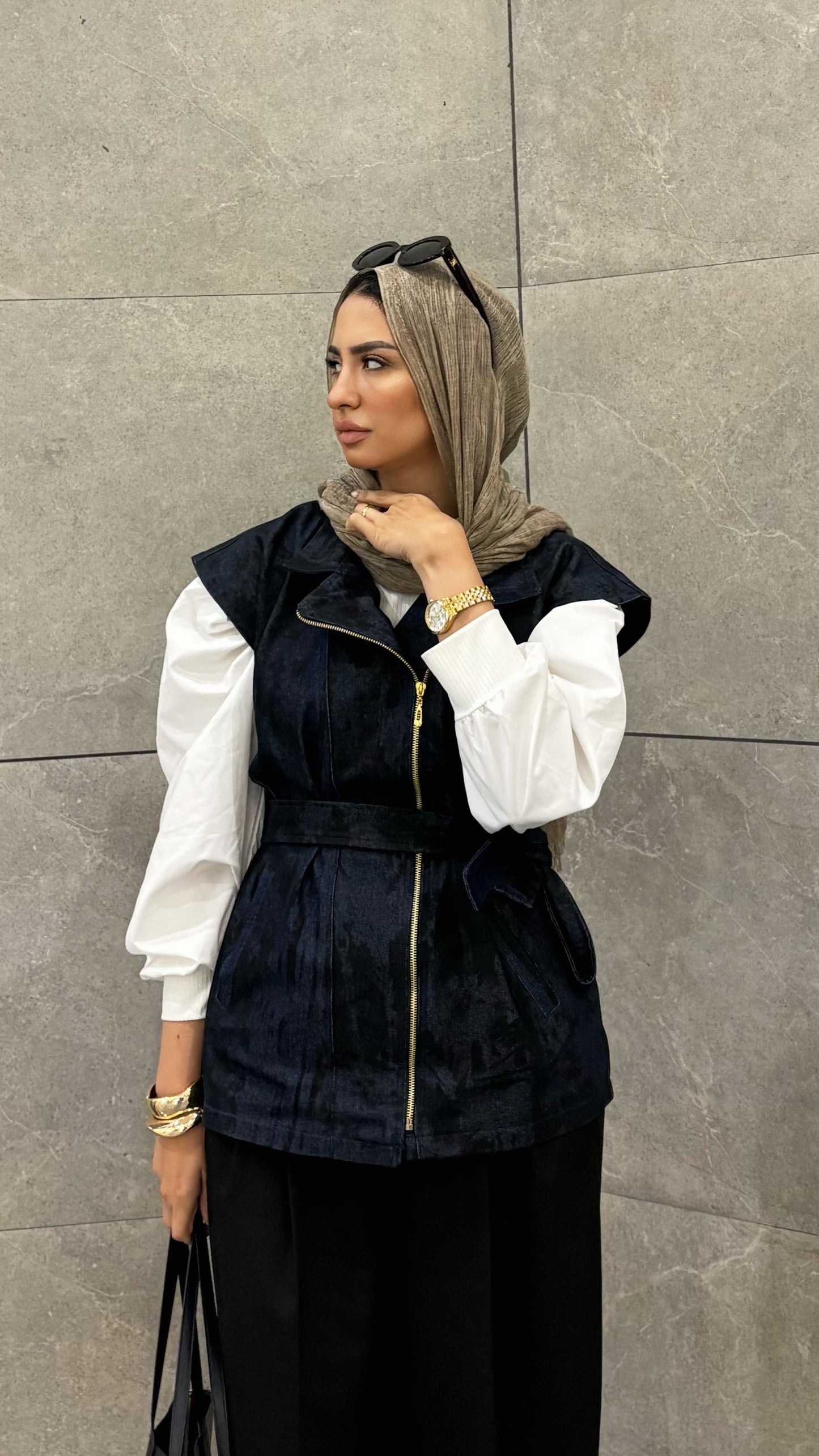 Denim Zip Vest with Waist Belt