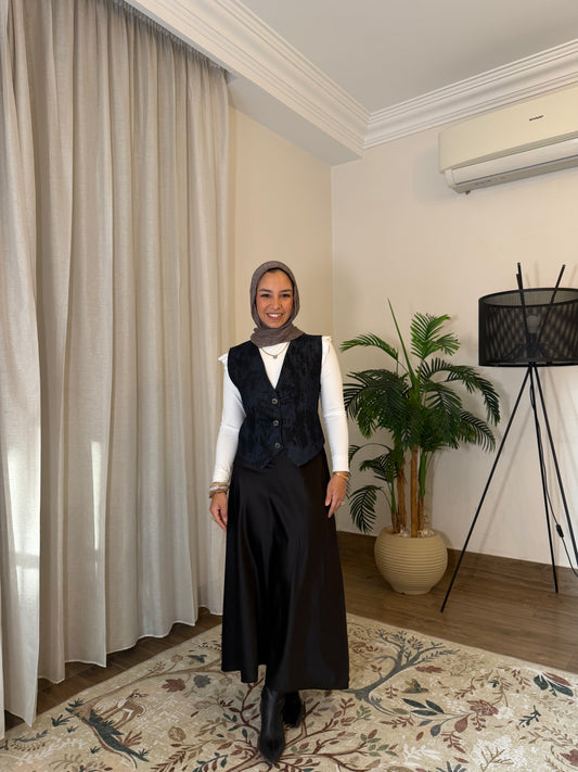 Midnight Satin Skirt & Denim Vest