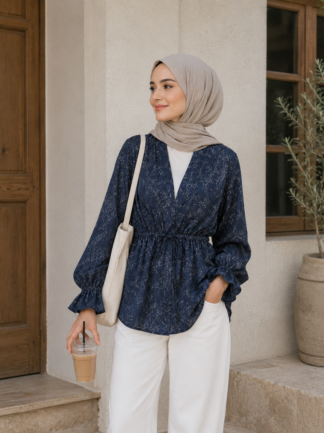 Black Floral Drawstring Kimono (Linen Crepe fabric )