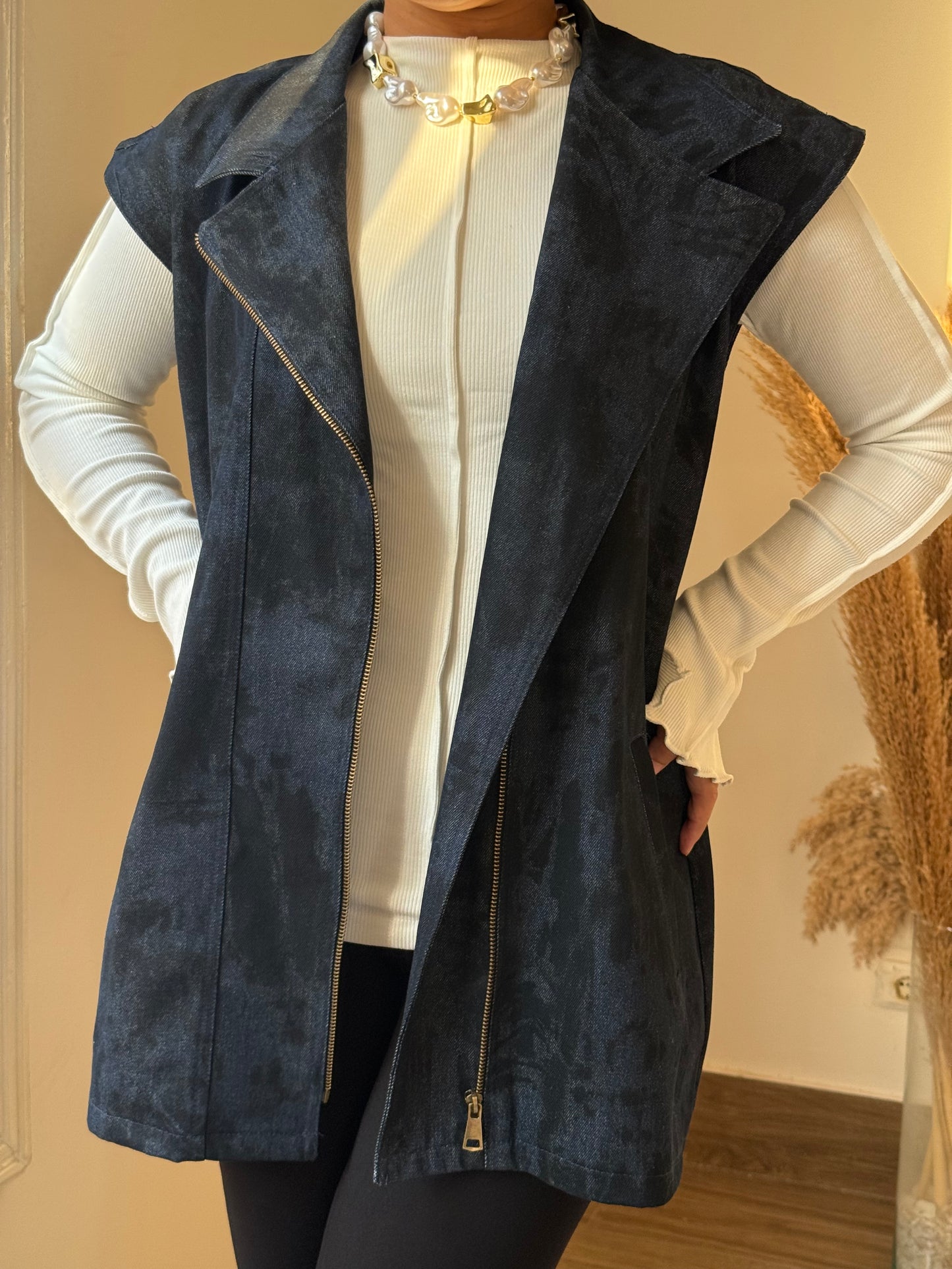 Denim Zip Vest with Waist Belt