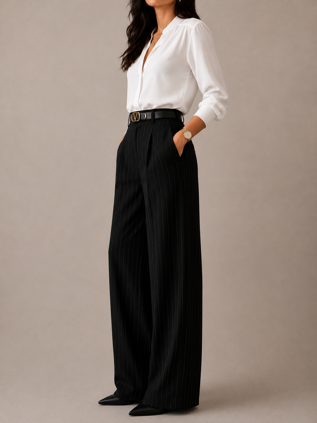 Black Pinstripe Wide-Leg Pants