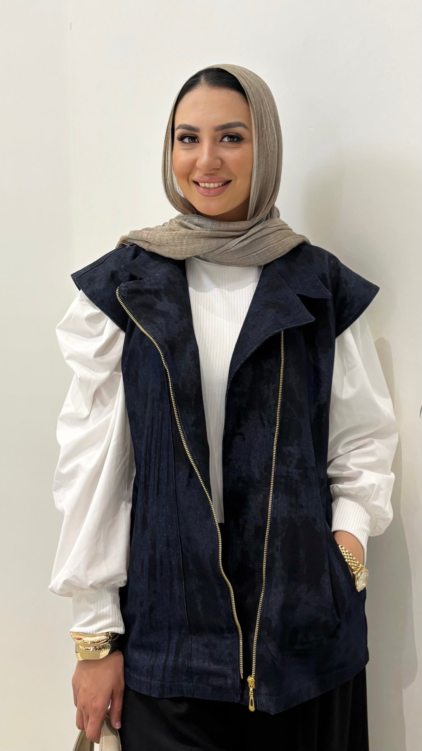 Denim Zip Vest with Waist Belt