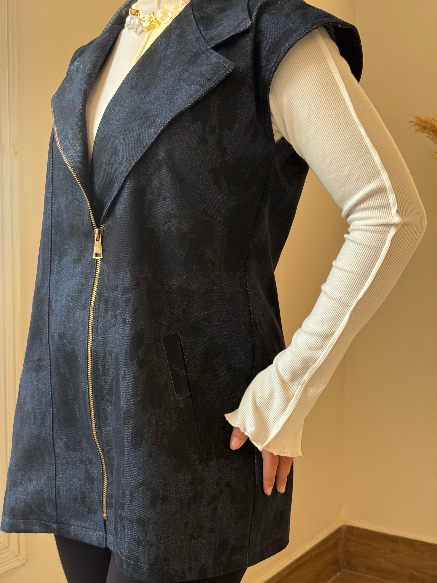 Denim Zip Vest with Waist Belt