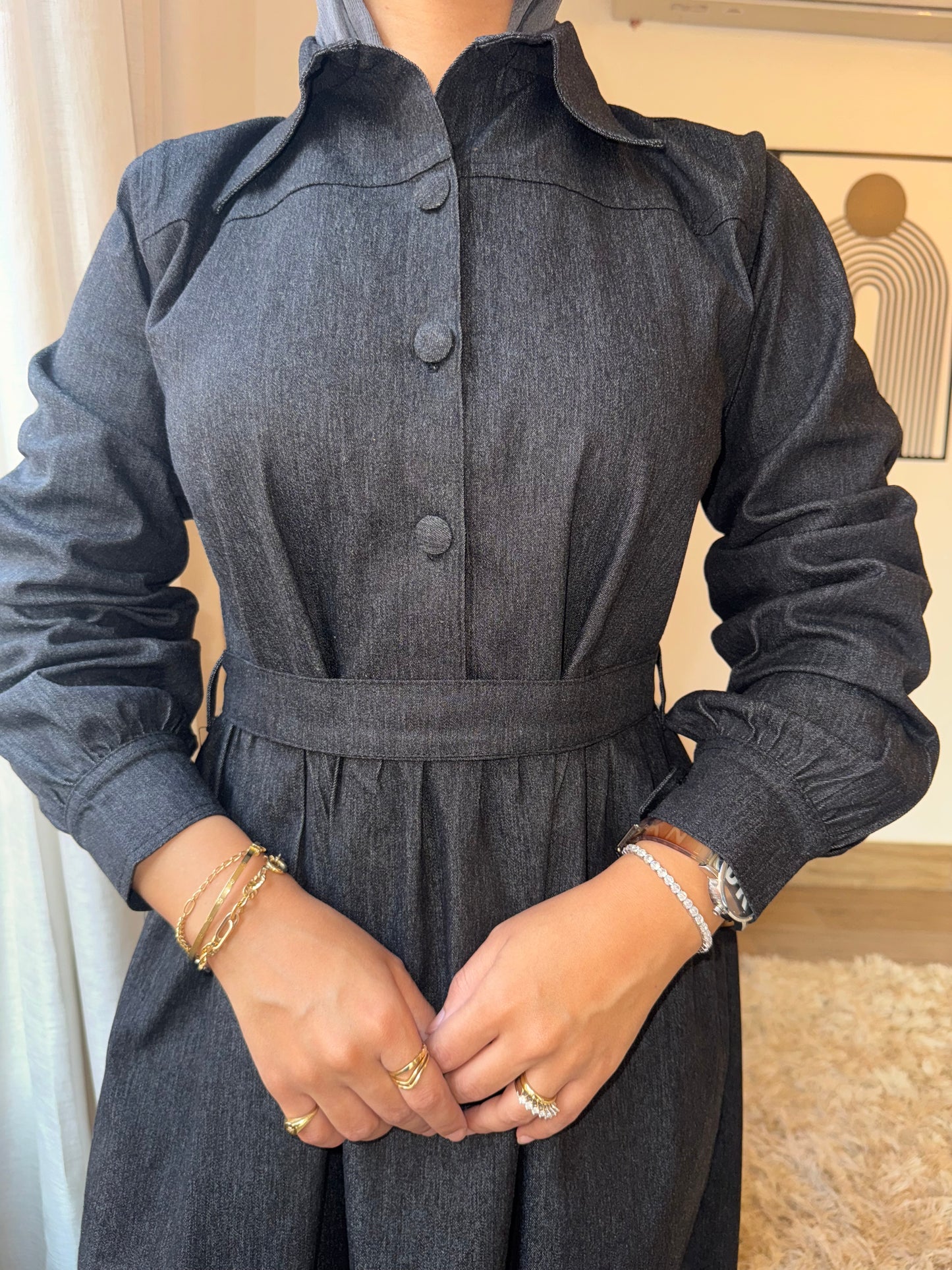 Chic Black Denim Button-Down Winter Dress