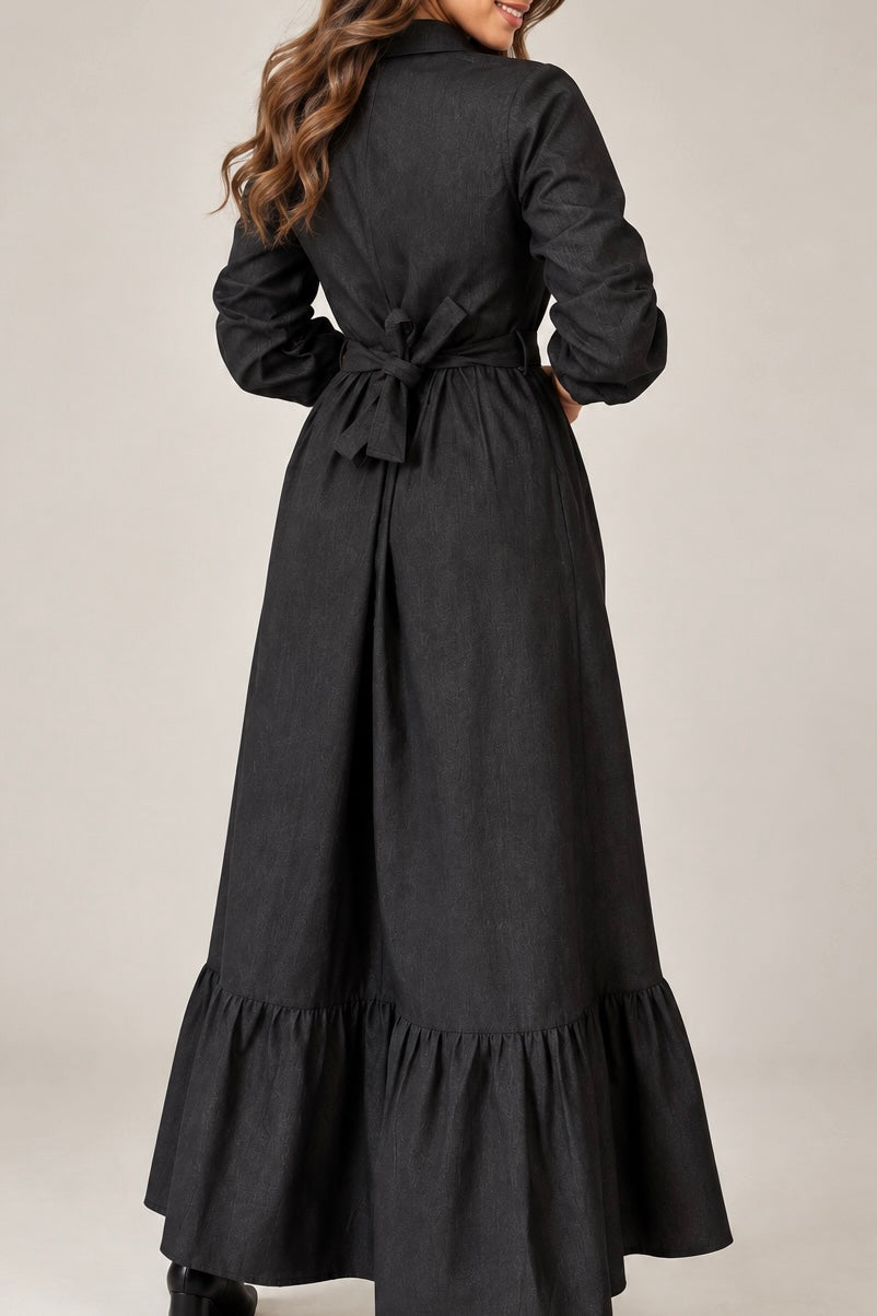 Chic Black Denim Button-Down Winter Dress